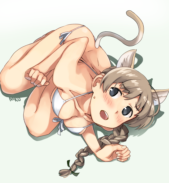 animal_ears barefoot bikini braid breasts brown_hair cat_ears cat_tail cleavage front-tie_top full_body grey_eyes large_breasts long_hair looking_at_viewer lying lynette_bishop makio_(makiomeigenbot) on_side open_mouth side-tie_bikini simple_background single_braid solo strike_witches swimsuit tail white_background white_bikini world_witches_series