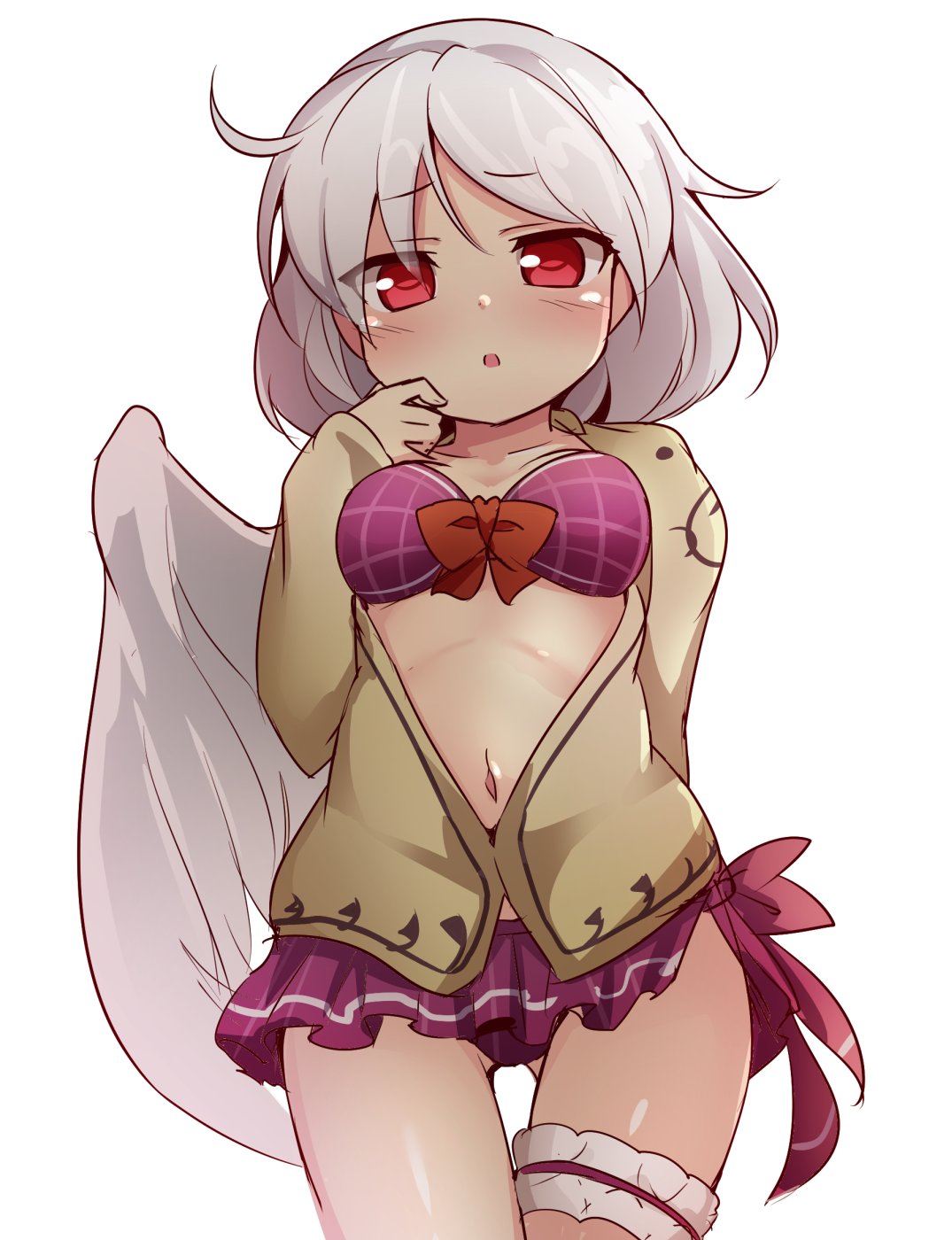 arm_behind_back baku-p bikini bikini_skirt bikini_under_clothes breasts brown_shirt commentary_request hand_to_own_mouth highres kishin_sagume navel open_clothes open_shirt purple_bikini purple_swimsuit red_eyes shirt short_hair side-tie_bikini silver_hair single_wing solo swimsuit swimsuit_under_clothes thigh_gap thigh_strap touhou wings