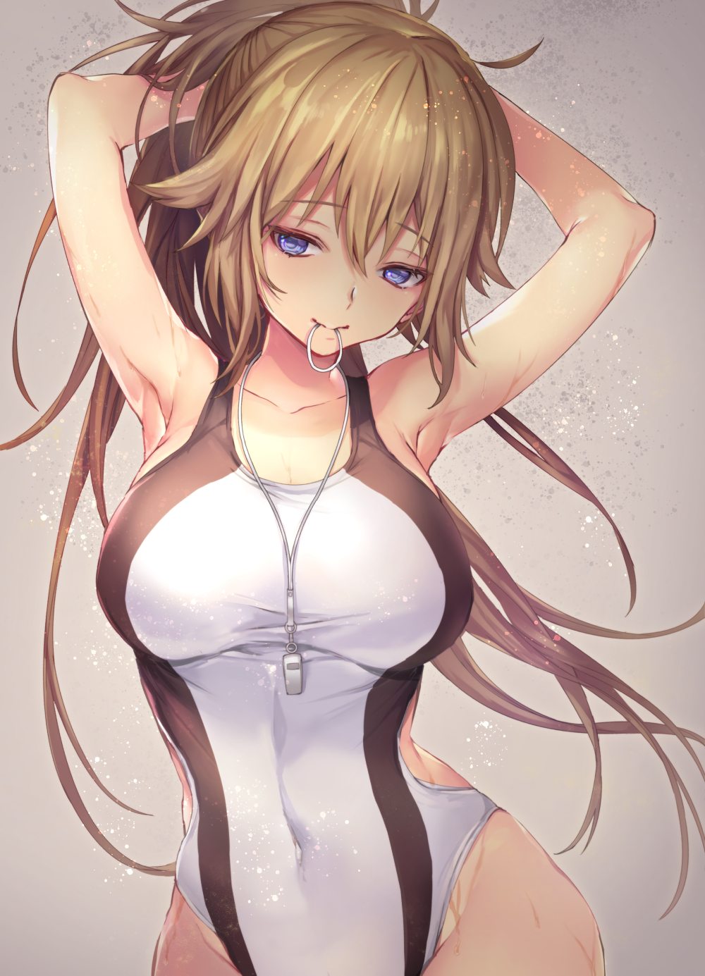 armpits arms_up bangs bare_arms bare_shoulders breasts brown_hair bunching_hair cleavage collarbone competition_swimsuit covered_navel eyebrows_visible_through_hair fate/grand_order fate_(series) floating_hair grey_background hair_between_eyes hair_flaps hair_tie hair_tie_in_mouth half-closed_eyes head_tilt highleg highleg_swimsuit highres jeanne_d'arc_(fate)_(all) jeanne_d'arc_(swimsuit_archer) large_breasts long_hair looking_at_viewer mouth_hold one-piece_swimsuit ponytail purple_eyes shiny shiny_hair sidelocks smile solo swimsuit taut_clothes taut_swimsuit vivivivi wet whistle whistle_around_neck white_swimsuit