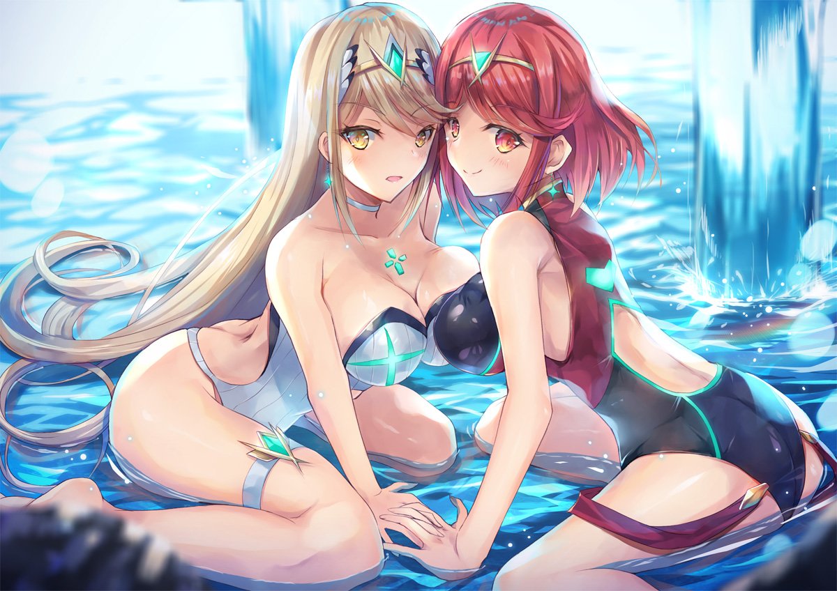 ass bare_shoulders blonde_hair blush breasts butt_crack cleavage covered_navel hikari_(xenoblade_2) hinot homura_(xenoblade_2) large_breasts long_hair looking_at_viewer multiple_girls one-piece_swimsuit red_eyes red_hair short_hair simple_background smile swimsuit tiara water xenoblade_(series) xenoblade_2 yellow_eyes