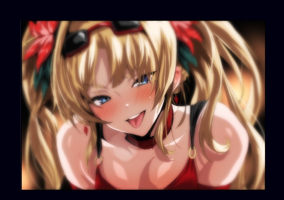 bangs bare_shoulders bikini black_background blonde_hair blue_eyes blush breasts choker cleavage collarbone commentary_request earrings eyewear_on_head flower granblue_fantasy hair_between_eyes hair_flower hair_intakes hair_ornament hibiscus jewelry large_breasts long_hair looking_at_viewer o-ring open_mouth red_bikini smile solo sunglasses swimsuit tongue tongue_out twintails ulrich_(tagaragakuin) zeta_(granblue_fantasy)