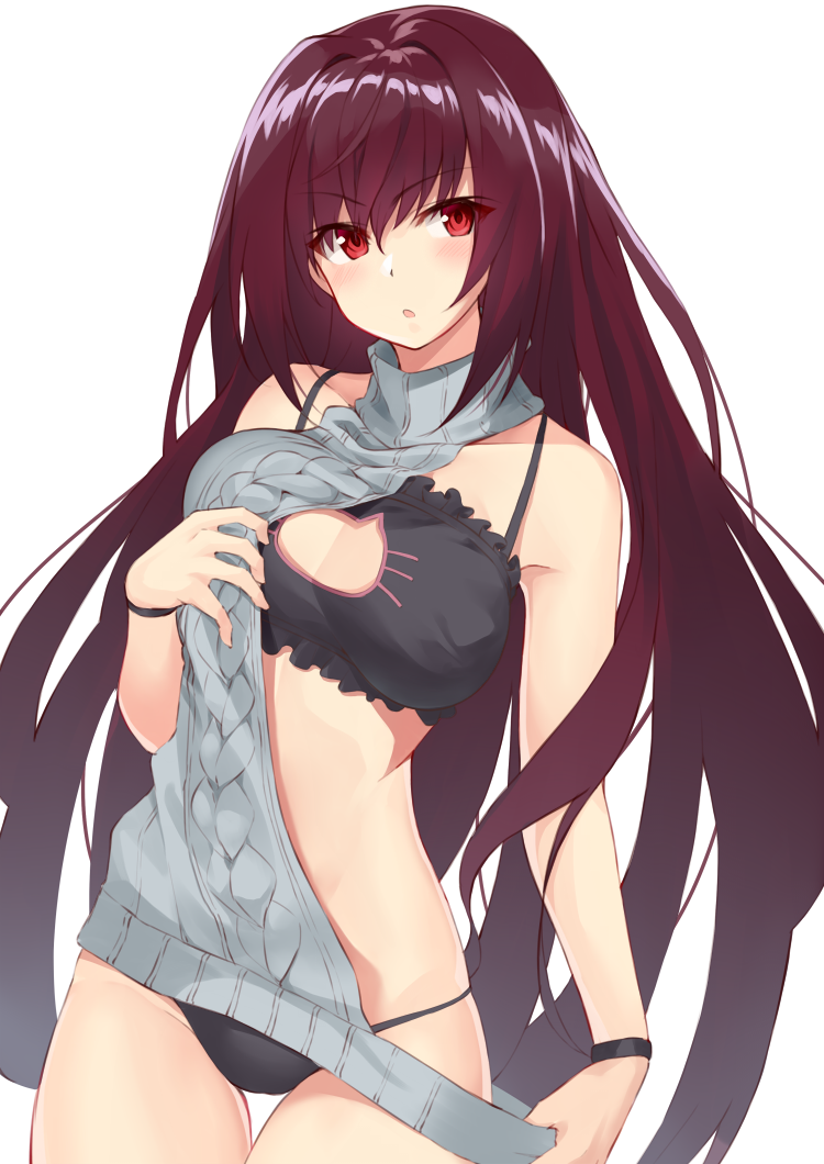 aran_sweater backless_dress backless_outfit bangs bare_shoulders black_bra black_panties blush bra breasts cat_cutout cat_lingerie cleavage cleavage_cutout clothes_pull clothes_tug collarbone commentary_request cowboy_shot dress eyebrows_visible_through_hair fate/grand_order fate_(series) frilled_bra frills grey_sweater groin hair_between_eyes hair_intakes hand_on_own_chest head_tilt hips large_breasts lingerie long_hair looking_at_viewer looking_to_the_side meme_attire open_mouth panties purple_hair red_eyes ribbed_sweater scathach_(fate)_(all) scathach_(fate/grand_order) shiny shiny_hair shunichi simple_background smile solo stomach sweater sweater_dress sweater_pull sweater_tug thighs turtleneck underwear very_long_hair virgin_killer_sweater white_background wristband