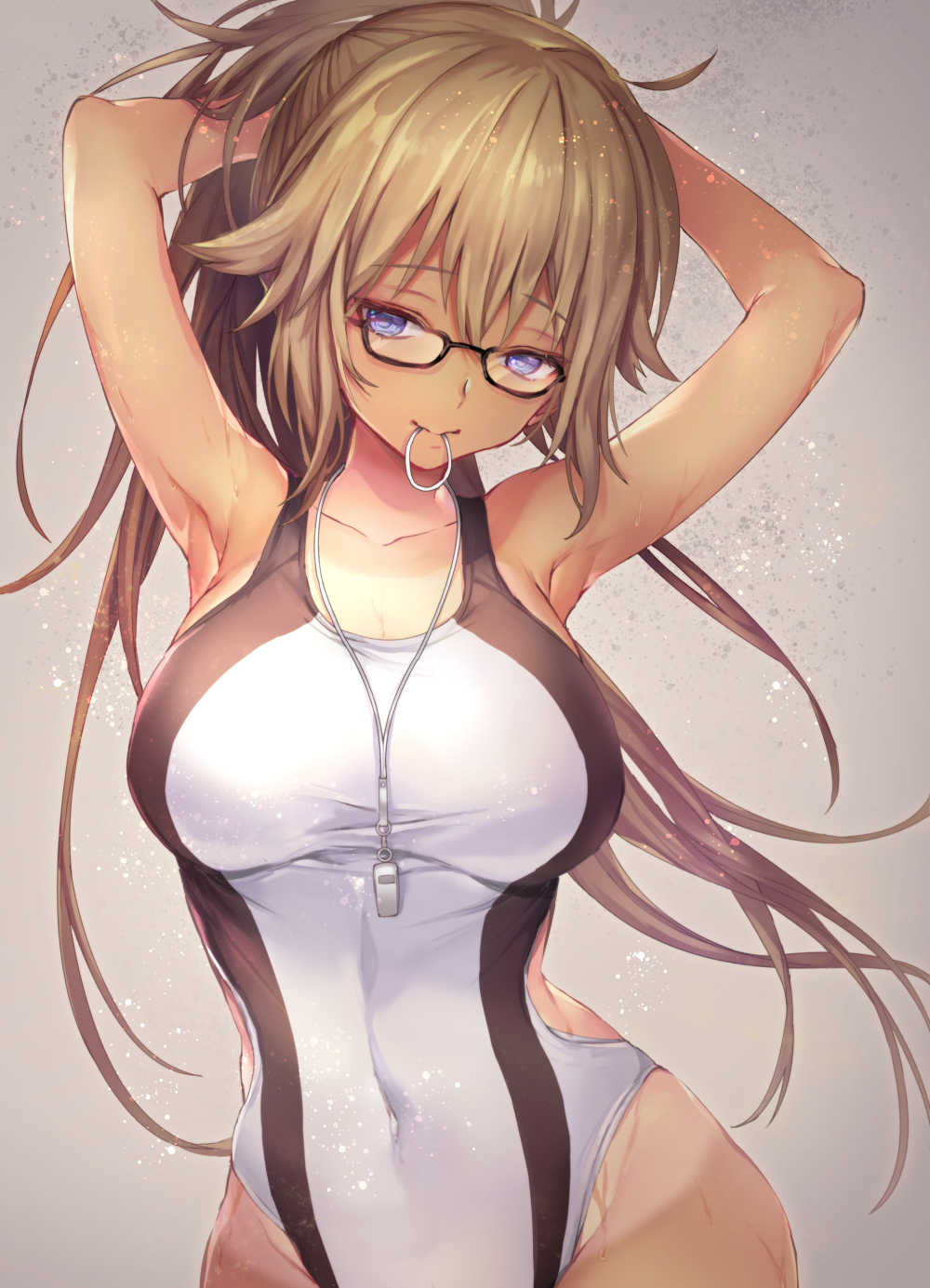 armpits arms_up bangs bare_arms bare_shoulders black-framed_eyewear breasts brown_hair bunching_hair cleavage collarbone commentary_request competition_swimsuit covered_navel eyebrows_visible_through_hair fate/grand_order fate_(series) floating_hair glasses grey_background hair_between_eyes hair_flaps hair_tie hair_tie_in_mouth half-closed_eyes head_tilt highleg highleg_swimsuit highres jeanne_d'arc_(fate)_(all) jeanne_d'arc_(swimsuit_archer) large_breasts long_hair looking_at_viewer mouth_hold one-piece_swimsuit one-piece_tan ponytail purple_eyes shiny shiny_hair sidelocks smile solo swimsuit tan tanline taut_clothes taut_swimsuit vivivivi wet whistle whistle_around_neck white_swimsuit