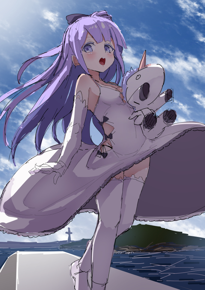 azur_lane bangs bare_shoulders black_bow blue_sky blush bow breasts cleavage cloud cloudy_sky commentary_request day dress elbow_gloves gloves hair_bow latin_cross long_hair looking_at_viewer medium_breasts noa_(nagareboshi) object_hug open_clothes outdoors purple_eyes purple_hair round_teeth sketch sky sleeveless sleeveless_dress solo standing stuffed_unicorn teeth thighhighs unicorn_(azur_lane) upper_teeth very_long_hair white_dress white_gloves white_legwear