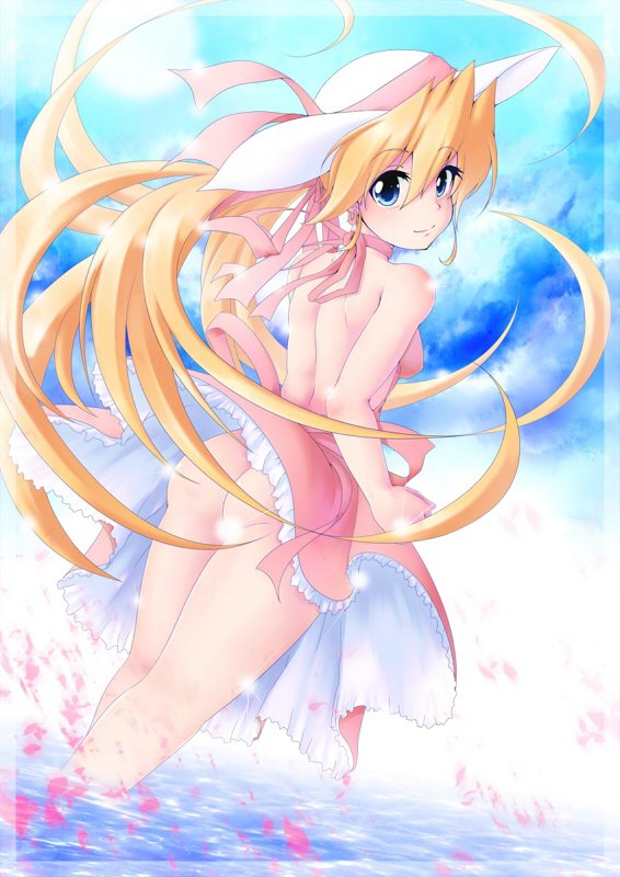 alternate_costume ass backless_outfit bangs bare_arms bare_shoulders blonde_hair blue_eyes blue_sky blush breasts ciel_(rockman) closed_mouth cloud commentary_request dress eyebrows_visible_through_hair frilled_dress frills hair_between_eyes hair_ribbon hat hat_ribbon long_hair looking_at_viewer looking_back no_panties pink_ribbon ponytail ribbon rockman rockman_zero semikichi sky smile solo summer sun_hat sundress upskirt very_long_hair water white_hat wind wind_lift