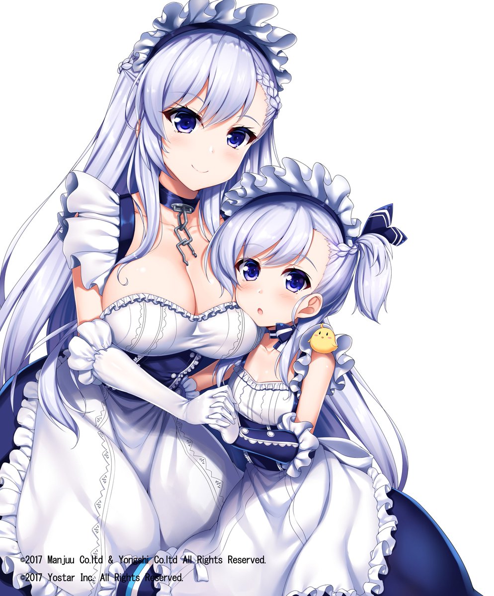 :o animal animal_on_shoulder apron azur_lane bangs belchan_(azur_lane) belfast_(azur_lane) bird bird_on_shoulder blue_choker blue_dress blue_ribbon blush braid breasts broken broken_chain chain chick choker cleavage closed_mouth collarbone commentary_request dress elbow_gloves eyebrows_visible_through_hair frilled_apron frills gloves hair_between_eyes hair_ribbon highres holding_hands interlocked_fingers large_breasts long_hair maid_headdress multiple_girls official_art one_side_up parted_lips purple_eyes purple_hair raiou ribbon simple_background sleeveless sleeveless_dress smile striped striped_ribbon very_long_hair waist_apron watermark white_apron white_background white_gloves younger