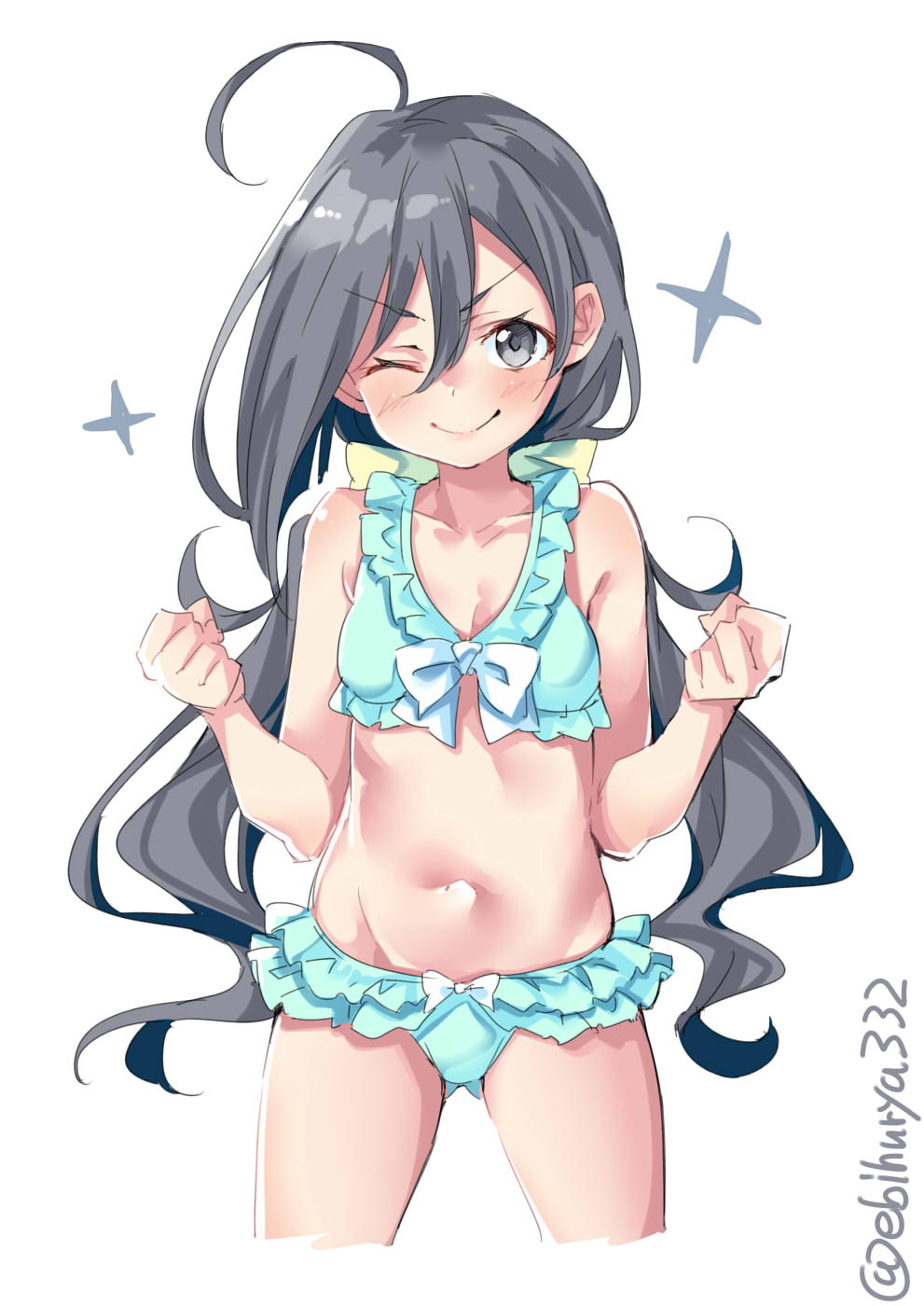 ;) ahoge aqua_bikini bikini blue_hair blush breasts clenched_hands closed_mouth commentary_request cowboy_shot ebifurya eyebrows_visible_through_hair grey_eyes grey_hair hair_between_eyes highres kantai_collection kiyoshimo_(kantai_collection) long_hair looking_at_viewer low_twintails multicolored_hair navel one_eye_closed simple_background small_breasts smile solo swimsuit twintails twitter_username v-shaped_eyebrows white_background