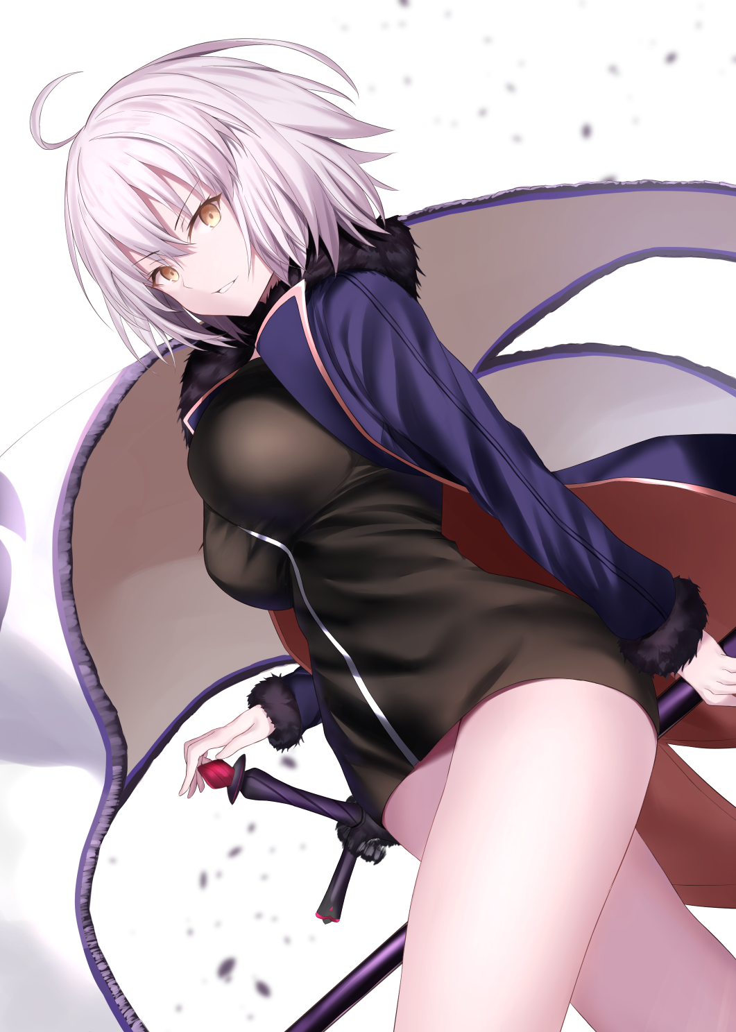 ahoge bangs black_dress breasts coat commentary_request dress fate/grand_order fate_(series) flag fur-trimmed_coat fur_trim hair_between_eyes highres hips jeanne_d'arc_(alter)_(fate) jeanne_d'arc_(fate)_(all) large_breasts looking_at_viewer maosame open_clothes open_coat pale_skin short_dress short_hair silver_hair simple_background smile solo sword thighs weapon white_background wicked_dragon_witch_ver._shinjuku_1999 yellow_eyes