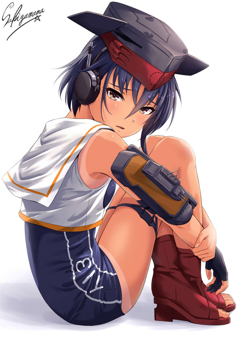 :o ankle_boots armlet artist_name blue_hair blue_swimsuit blush boots breasts brown_eyes character_name clothes_writing commentary_request crop_top crossed_ankles eyebrows_visible_through_hair framed_breasts from_side full_body gloves hair_between_eyes hat headset i-13_(kantai_collection) kantai_collection knees_up legs_together looking_at_viewer looking_to_the_side machinery no_socks one-piece_swimsuit open_mouth open_toe_shoes partly_fingerless_gloves red_footwear sailor_collar sakiyamama school_swimsuit short_hair signature single_glove sitting small_breasts solo swimsuit swimsuit_tan tan thigh_strap toeless_boots toes turret