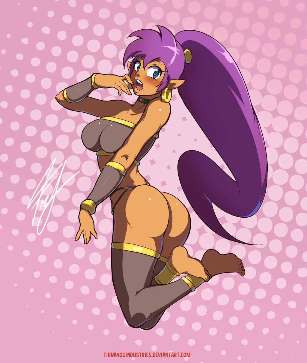 1girl ass bare_arms bare_shoulders barefoot black_legwear blue_eyes blush breasts curvy dark_skin earrings embarrassed feet full_body halftone halftone_background hips jewelry jumping legs long_hair looking_at_viewer medium_breasts open_mouth pink_background pointy_ears purple_hair shantae_(character) shantae_(series) solo strapless teeth thighs thong tirnanogindustries tongue tubetop wide_hips