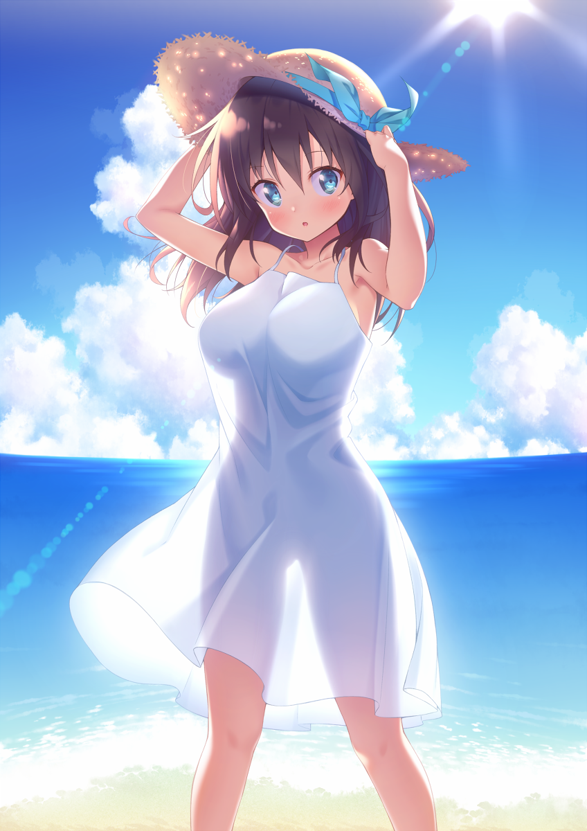 :o arms_up bangs bare_shoulders beach blue_eyes blue_sky blush breasts brown_hair cloud collarbone day dress hat hat_ribbon highres ichi_makoto large_breasts long_hair looking_at_viewer no_bra no_panties ocean open_mouth original outdoors ribbon see-through_silhouette sky sleeveless sleeveless_dress solo standing straw_hat sun_hat sundress white_dress