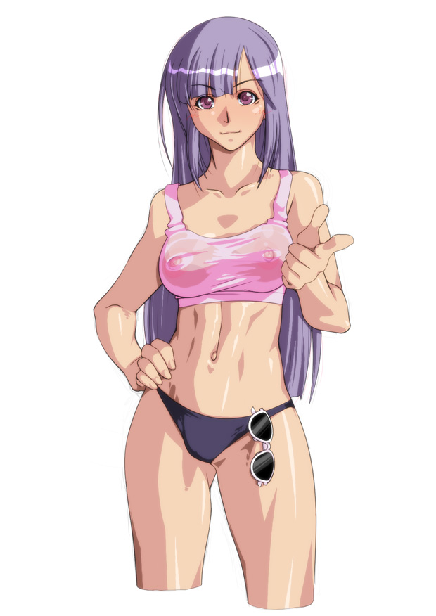arikawa bangs bikini_bottom blunt_bangs blunt_ends breasts commentary_request covered_nipples crop_top gundam gundam_zz hand_on_hip long_hair looking_at_viewer medium_breasts midriff navel nipples pointing pointing_at_viewer purple_eyes purple_hair roux_louka see-through smile solo stomach sunglasses toned white_background