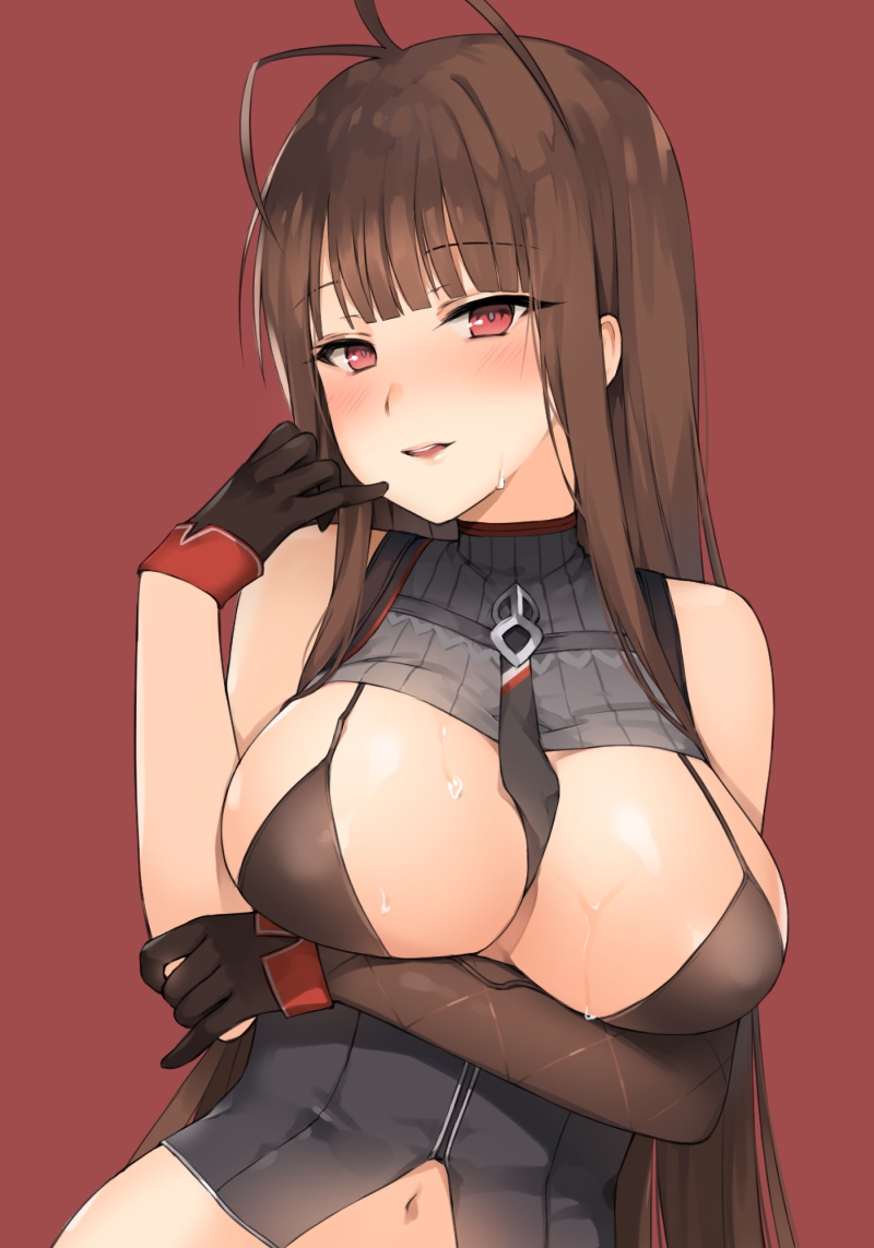 antenna_hair bangs bare_shoulders between_breasts bikini_top black_bikini_top black_neckwear blunt_bangs blush breasts brown_gloves brown_hair canape_(canape0130) commentary detached_sleeves dsr-50_(girls_frontline) eyebrows_visible_through_hair girls_frontline gloves grey_jacket head_tilt jacket large_breasts long_hair long_sleeves navel necktie necktie_between_breasts parted_lips red_background red_eyes simple_background single_detached_sleeve sleeveless_jacket solo sweat very_long_hair