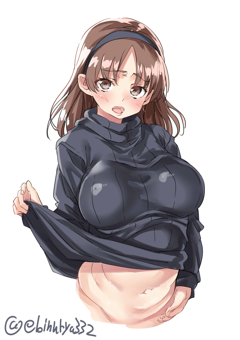 alternate_costume black_hairband black_sweater blush breasts brown_eyes brown_hair chiyoda_(kantai_collection) clothes_lift commentary_request ebifurya eyebrows_visible_through_hair fat_folds hairband highres kantai_collection large_breasts lifted_by_self long_hair long_sleeves looking_at_viewer open_mouth plump ribbed_sweater shiny shiny_hair simple_background solo sweater sweater_lift turtleneck turtleneck_sweater twitter_username white_background