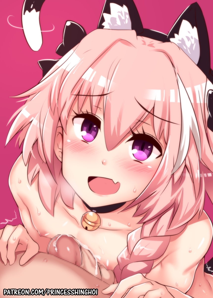 animal_ears astolfo_(fate) bell black_bow blush bow braid cat_ears cat_tail censored collar collarbone commentary erection eyelashes fang fate/apocrypha fate/grand_order fate_(series) hair_between_eyes hair_intakes hair_ribbon highres hinghoi jingle_bell long_braid long_hair looking_at_viewer looking_up male_focus mosaic_censoring multicolored_hair multiple_boys naizuri nipples open_mouth otoko_no_ko penis pink_background pink_hair purple_eyes ribbon shiny shiny_hair simple_background single_braid smile streaked_hair tail yaoi