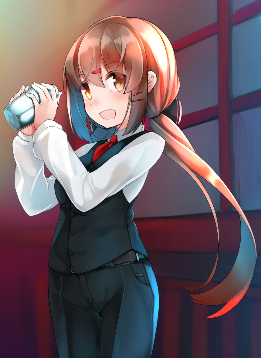 :d alternate_costume bartender belt black_pants black_vest brown_eyes brown_hair buttons cocktail_shaker comah eyebrows_visible_through_hair hair_between_eyes hair_ornament hairclip holding kantai_collection long_hair long_sleeves low_twintails necktie no_hat no_headwear open_mouth pants red_neckwear shirt smile solo tashkent_(kantai_collection) twintails vest white_shirt
