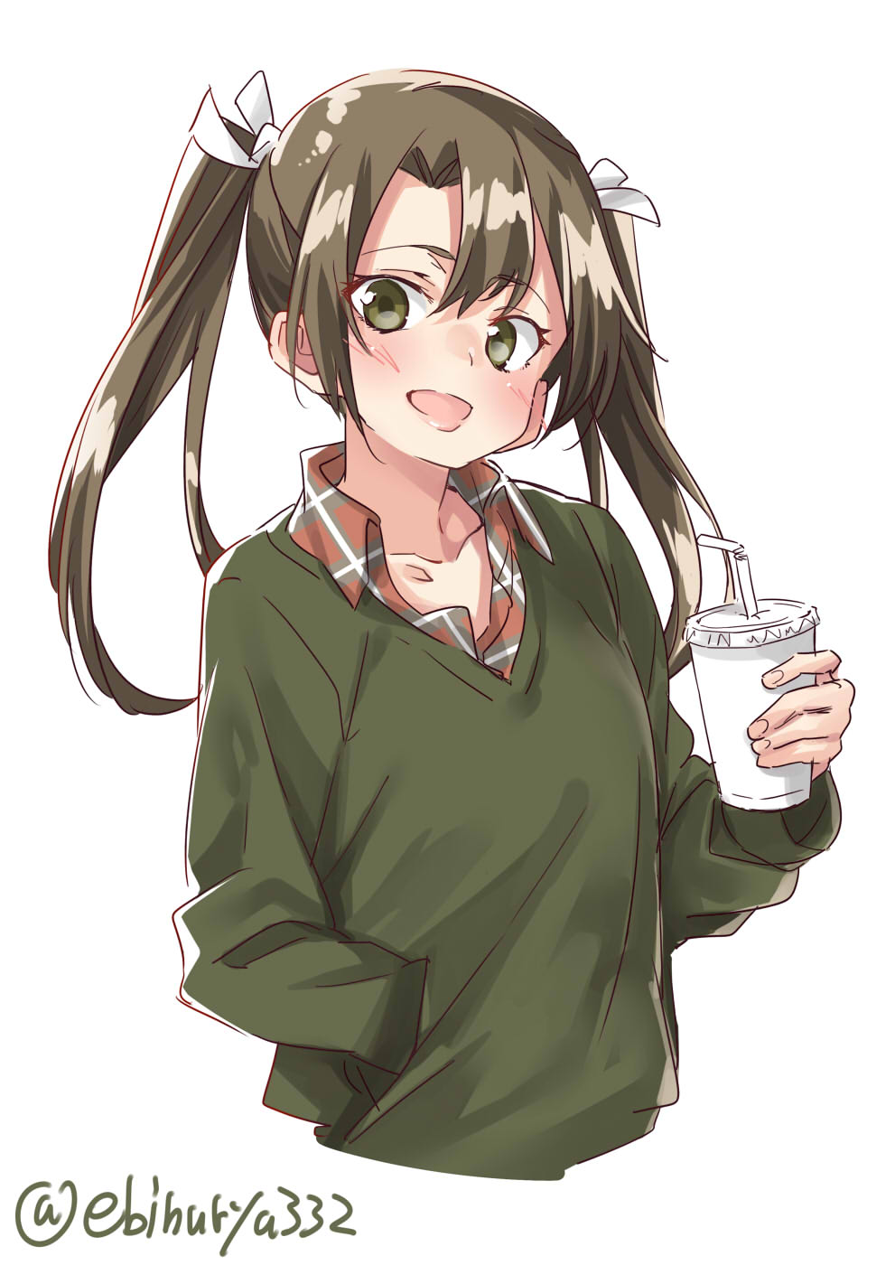 :d alternate_costume bangs bendy_straw blush collarbone collared_shirt commentary_request cropped_torso cup disposable_cup drinking_straw ebifurya eyebrows_visible_through_hair green_eyes green_sweater grey_hair hair_ribbon hand_in_pocket highres holding holding_cup kantai_collection layered_clothing long_hair long_sleeves looking_at_viewer open_mouth parted_bangs plaid plaid_shirt raised_eyebrows ribbon shiny shiny_hair shirt simple_background smile solo sweater twintails twitter_username v-neck white_background white_ribbon wing_collar zuikaku_(kantai_collection)