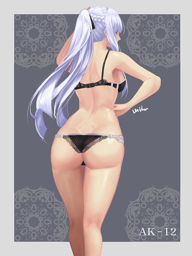 ak-12_(girls_frontline) armpits ass back bangs bare_shoulders black_bra black_panties black_ribbon bra braid breasts character_name closed_mouth commentary cowboy_shot dimples_of_venus eyebrows_visible_through_hair french_braid girls_frontline hair_ribbon hand_on_hip hand_on_own_head long_hair medium_breasts mid-stride panties ponytail ribbon shoulder_blades sideboob sidelocks silver_hair solo thighs un_lim underwear very_long_hair walking