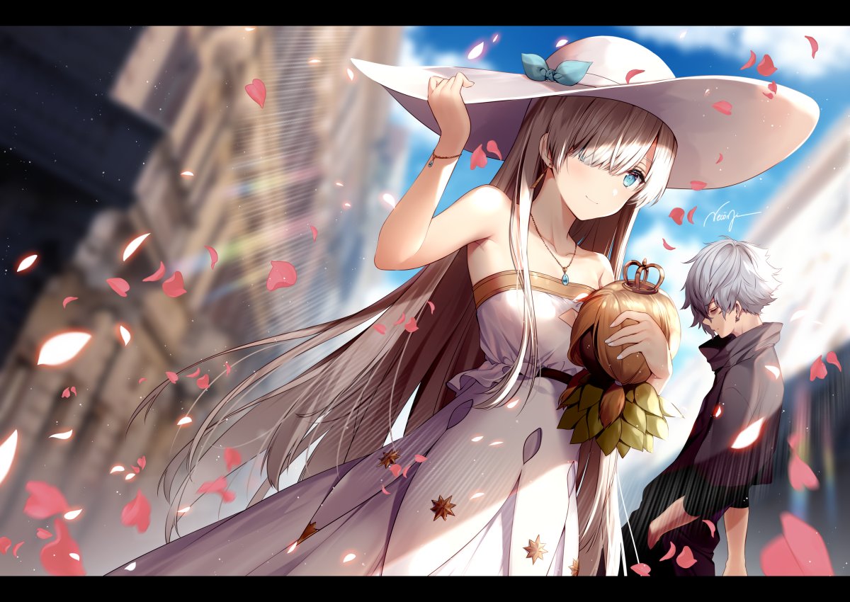 1girl anastasia_(fate/grand_order) bangs bare_shoulders blue_eyes blurry blurry_background blush bracelet breasts cape city closed_mouth commentary_request crown doll dress eyebrows_visible_through_hair fate/grand_order fate_(series) grey_hair hair_between_eyes hair_over_one_eye hat holding jewelry kadoc_zemlupus letterboxed light_rays long_hair long_sleeves looking_at_viewer mini_crown necklace necomi outdoors petals sapphire_(stone) signature silver_hair smile strapless strapless_dress sun_hat sunlight very_long_hair white_dress white_hat