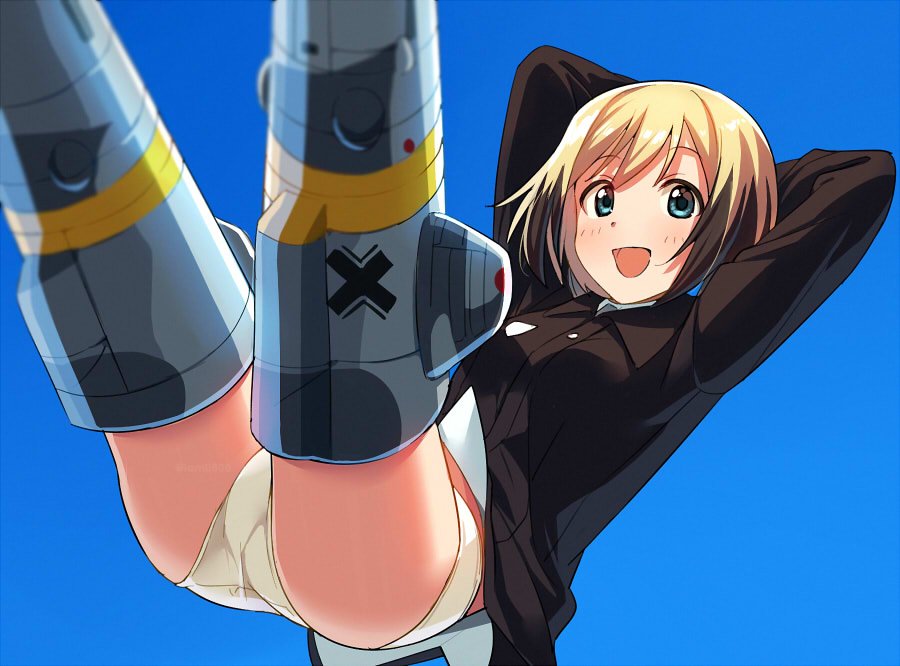 :d arms_behind_head arms_up bangs black_jacket blonde_hair blue_background blue_eyes bob_cut erica_hartmann eyebrows_visible_through_hair jacket long_sleeves looking_at_viewer military military_uniform open_mouth panties sayshownen short_hair smile solo strike_witches striker_unit underwear uniform white_panties world_witches_series