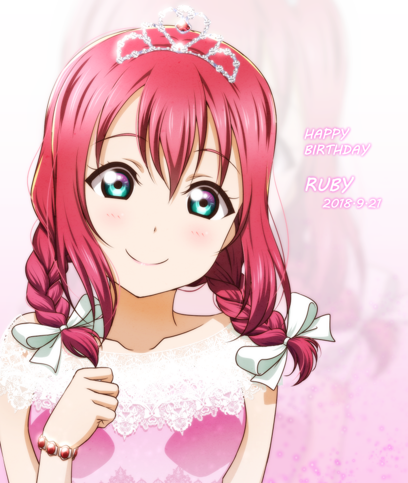 alternate_hairstyle anibache aqua_eyes bangs bracelet braid character_name clenched_hand collarbone commentary_request dated hair_ribbon hand_on_own_chest happy_birthday jewelry kurosawa_ruby lace looking_at_viewer love_live! love_live!_sunshine!! medium_hair red_hair ribbon smile solo tiara twin_braids upper_body white_ribbon zoom_layer