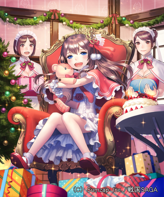:d bangs blue_eyes bow box breasts brown_eyes brown_hair cake candle capelet chair christmas_tree dress esukee food gift gift_wrapping hair_bow hair_ornament holding holding_stuffed_animal indoors long_hair looking_at_viewer maid medium_breasts multiple_girls official_art open_mouth parted_bangs red_bow red_capelet red_footwear sengoku_saga sitting smile socks standing stuffed_animal stuffed_toy table teddy_bear watermark white_legwear