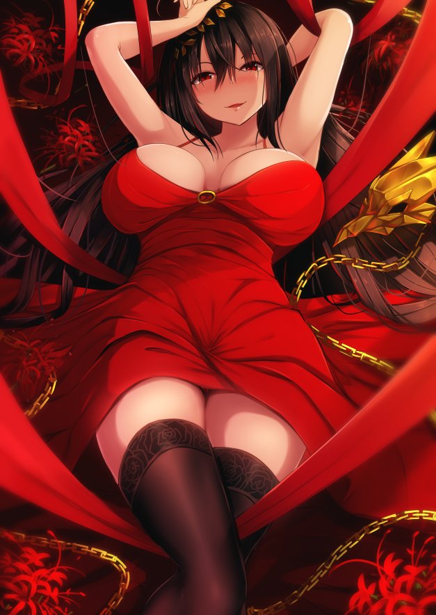 arm_behind_head azur_lane bangs bare_shoulders black_hair black_legwear blush breasts chain choker cleavage cocktail_dress commentary_request dress eyebrows_visible_through_hair hair_between_eyes hair_ornament head_tilt large_breasts long_hair looking_at_viewer lying nicoby parted_lips red_choker red_dress red_eyes smile solo taihou_(azur_lane) thighhighs