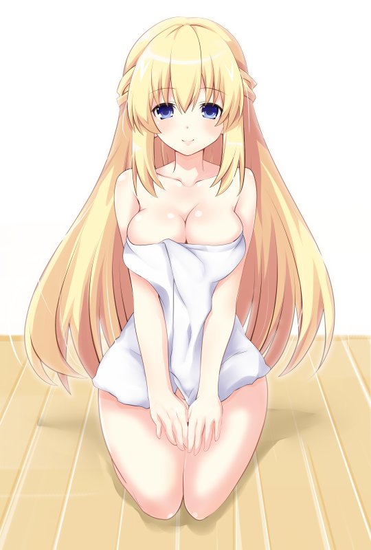 bare_shoulders blonde_hair blue_eyes blush breasts cleavage commentary_request eyebrows_visible_through_hair iwasi-r large_breasts long_hair looking_at_viewer neptune_(series) seiza sitting smile solo towel vert very_long_hair