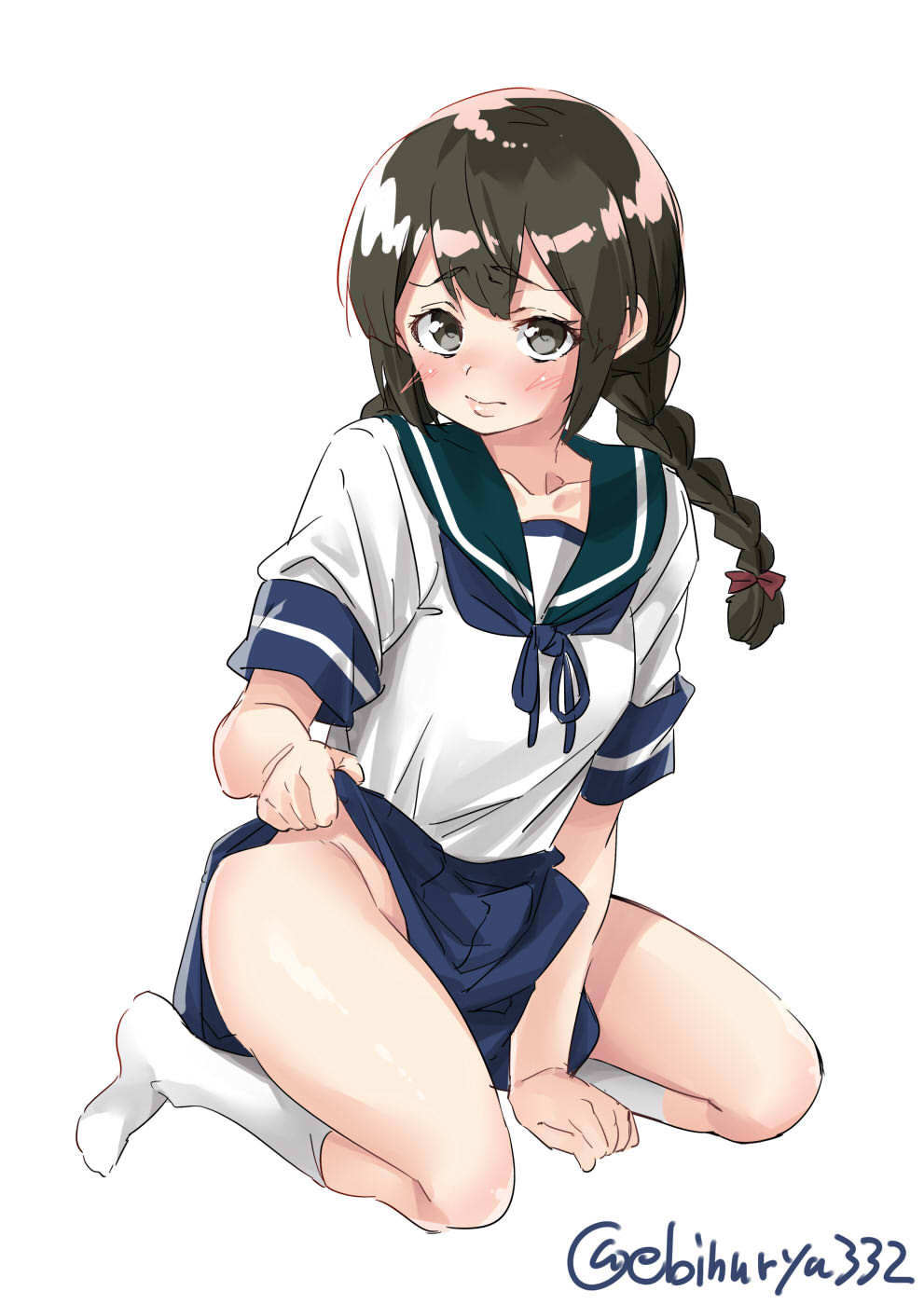 bangs blue_neckwear blue_skirt blush braid breasts brown_eyes brown_hair closed_mouth commentary_request ebifurya embarrassed eyebrows_visible_through_hair full_body green_sailor_collar hair_between_eyes highres isonami_(kantai_collection) kantai_collection kneehighs lifted_by_self lips long_hair looking_at_viewer miniskirt neckerchief no_panties no_shoes parted_bangs pleated_skirt sailor_collar school_uniform serafuku shiny shiny_hair shirt shirt_tucked_in short_sleeves sidelocks simple_background single_horizontal_stripe skirt skirt_lift sleeve_cuffs small_breasts solo twin_braids twitter_username wavy_mouth white_background white_legwear white_shirt