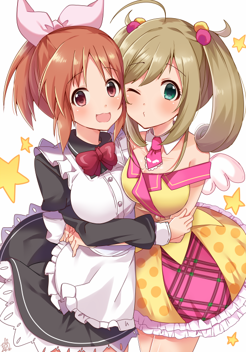 :3 :d abe_nana ahoge apron bangs bare_shoulders black_dress blush bow bowtie breasts brown_hair closed_mouth collarbone commentary_request detached_collar dress eyebrows_visible_through_hair frilled_apron frilled_dress frills green_eyes hair_between_eyes hair_bobbles hair_ornament hair_ribbon hug idolmaster idolmaster_cinderella_girls juliet_sleeves light_brown_hair long_sleeves maid_headdress medium_breasts multiple_girls necktie o3o off-shoulder_shirt omuretsu one_eye_closed open_mouth parted_bangs pink_neckwear pink_ribbon polka_dot_skirt ponytail puffy_sleeves red_eyes red_neckwear ribbon satou_shin shirt short_necktie simple_background skirt smile star twintails white_apron white_background white_collar white_wings wing_collar wings yellow_shirt yellow_skirt
