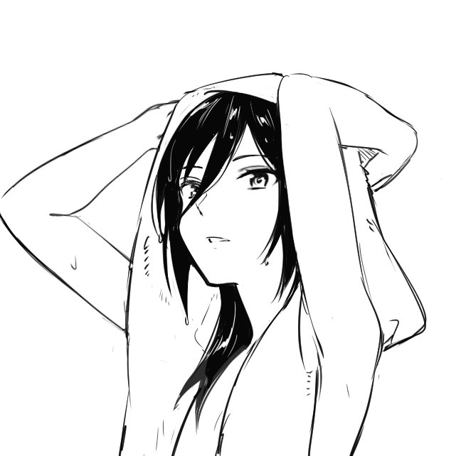 collarbone greyscale long_hair looking_at_viewer meleph_(xenoblade) monochrome naked_towel niameresp nude reverse_trap simple_background solo towel white_background xenoblade_(series) xenoblade_2