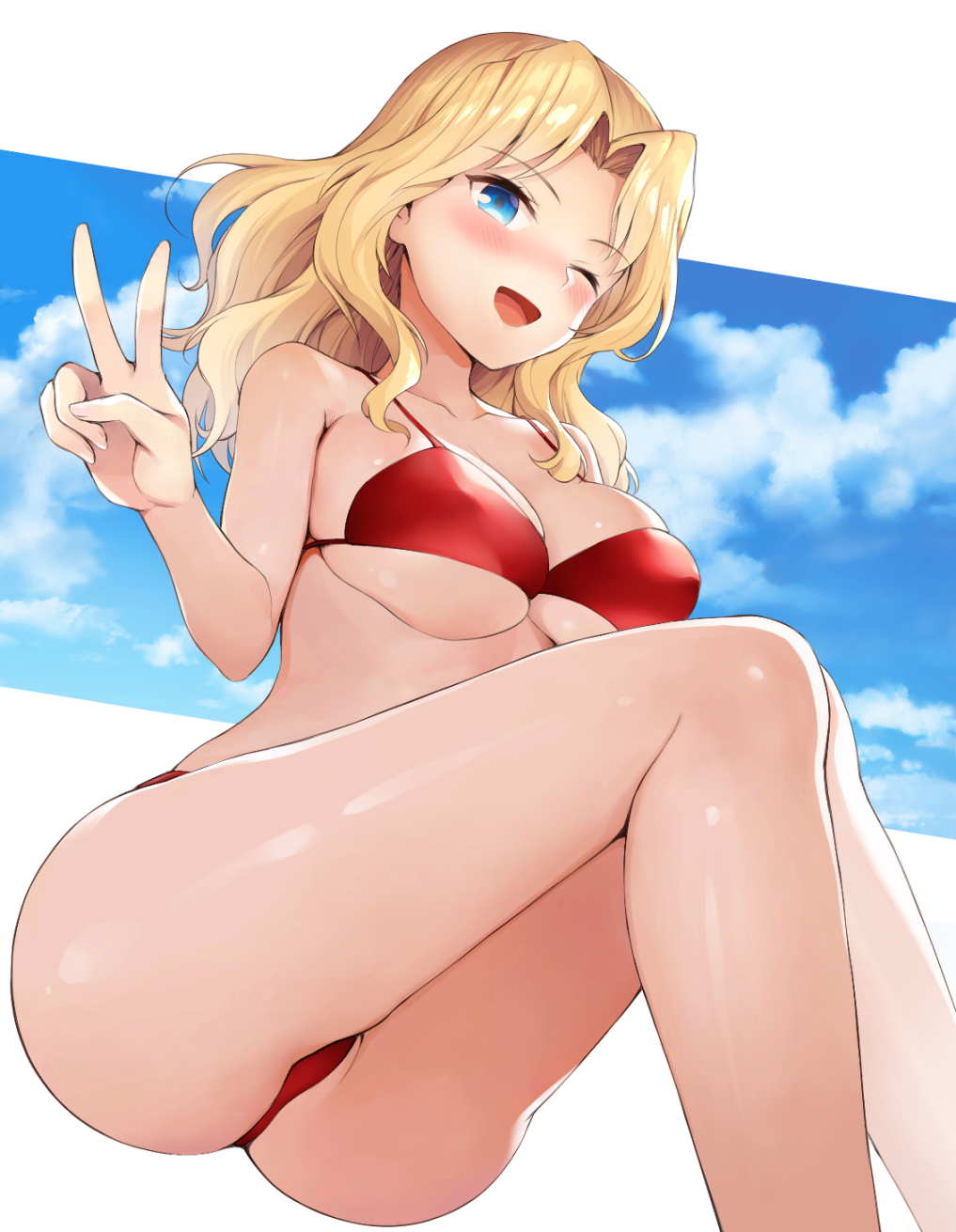 ass bangs bare_arms bikini blonde_hair blue_eyes blue_sky breasts chacharan cloud collarbone commentary_request day eyebrows_visible_through_hair feet_out_of_frame from_below girls_und_panzer highres kay_(girls_und_panzer) large_breasts legs_together looking_at_viewer medium_hair open_mouth outside_border parted_bangs red_bikini shiny shiny_hair shiny_skin sitting sky solo swimsuit v wavy_hair
