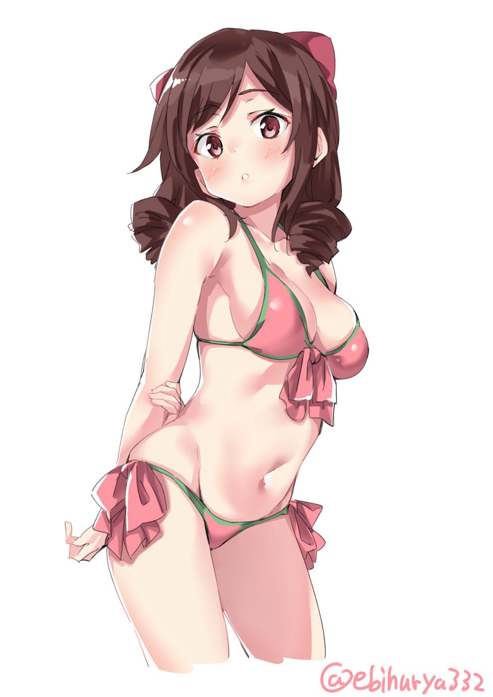 alternate_costume bangs bare_legs bare_shoulders bikini blush bow breasts brown_hair cleavage collarbone cowboy_shot cropped_legs drill_hair ebifurya eyebrows_visible_through_hair front-tie_bikini front-tie_top groin hair_between_eyes hair_bow harukaze_(kantai_collection) highres kantai_collection long_hair looking_at_viewer medium_breasts navel open_mouth pink_bikini red_bow red_eyes shiny shiny_skin side-tie_bikini simple_background solo stomach swimsuit thighs twin_drills white_background