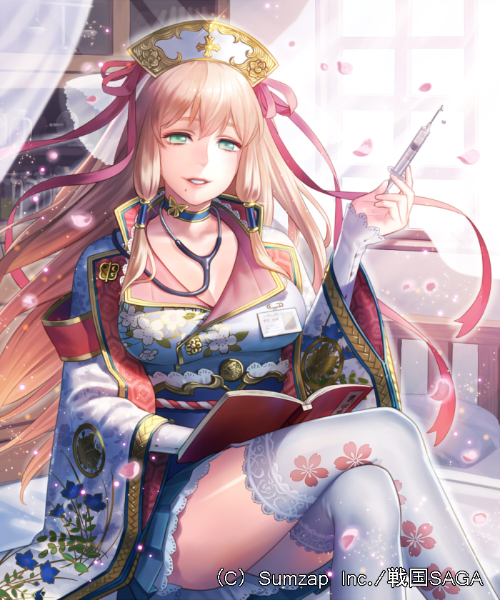 blonde_hair blue_choker blue_skirt book breasts choker cleavage crossed_legs day esukee floral_print green_eyes hair_tubes hat indoors long_hair looking_at_viewer mole mole_under_mouth official_art on_bed open_book petals pillow pink_ribbon ribbon safety_pin sengoku_saga sidelocks skirt solo stethoscope sunlight syringe very_long_hair white_hat white_legwear wide_sleeves window