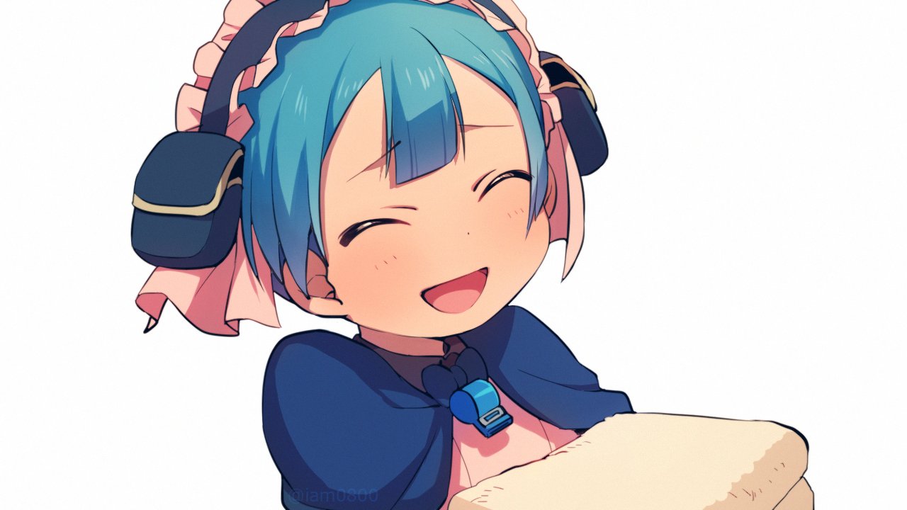 :d ^_^ blue_hair closed_eyes dot_nose furrowed_eyebrows made_in_abyss maid_headdress maruruk open_mouth otoko_no_ko sayshownen short_hair simple_background smile solo twitter_username upper_body whistle white_background