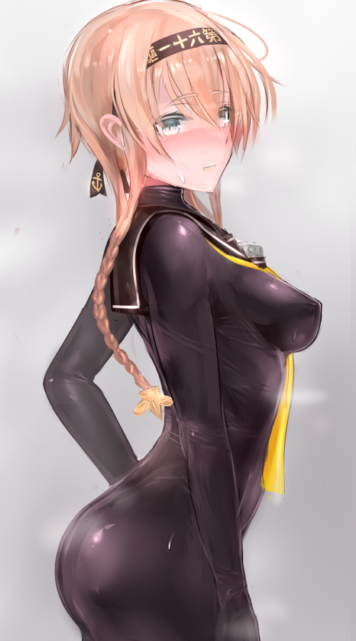 ass bangs black_bodysuit black_headband blush bodysuit braid breasts closed_mouth clothes_writing embarrassed from_side gradient gradient_background grey_background hair_ornament impossible_clothes kantai_collection latex light_brown_hair long_hair looking_at_viewer medium_breasts nose_blush propeller_hair_ornament sailor_collar skin_tight solo sweatdrop teruzuki_(kantai_collection) twin_braids uni96_(uknee96) upper_body yellow_neckwear