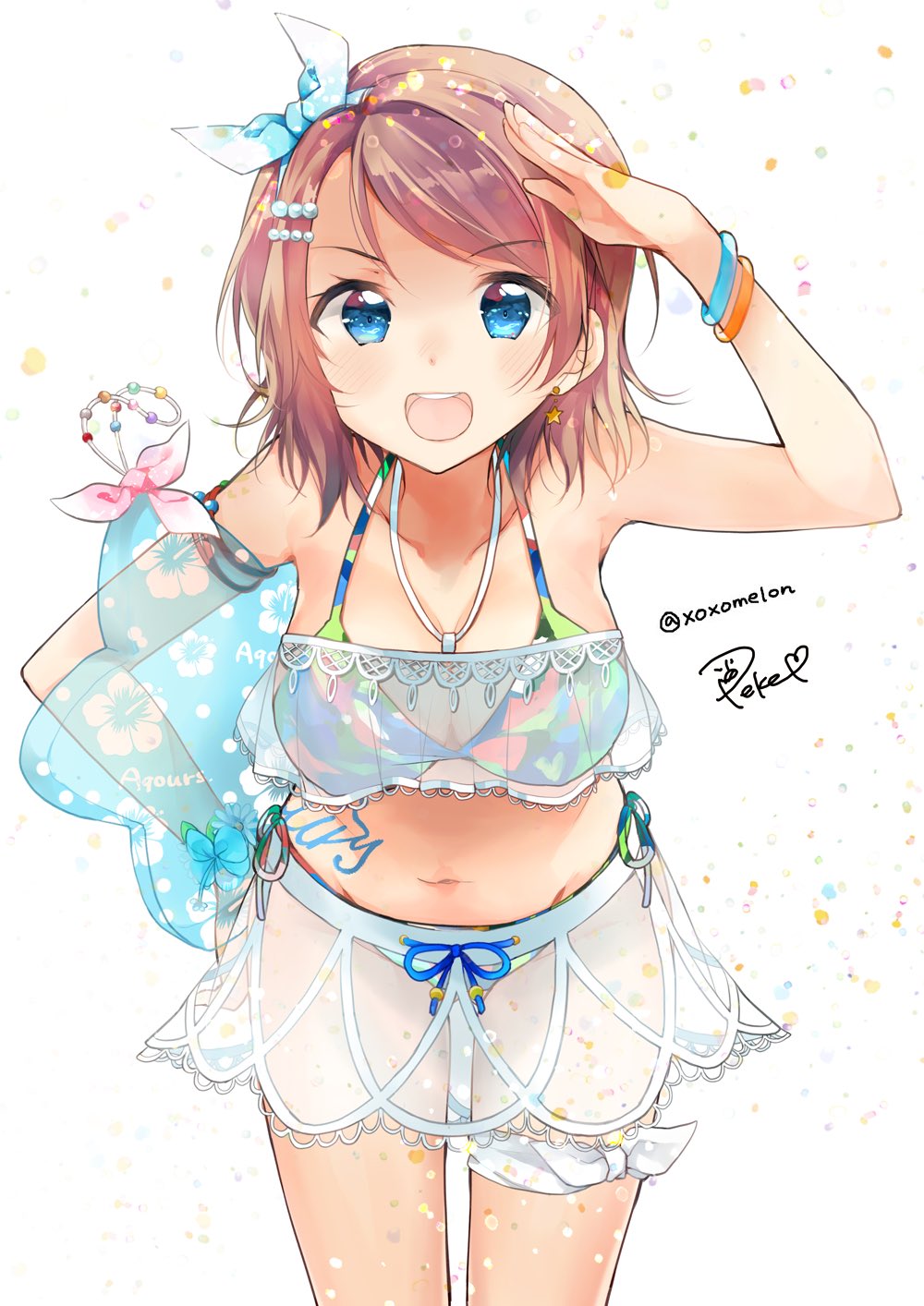 :d bikini bikini_skirt blue_bow blue_eyes blue_ribbon bow bracelet breasts brown_hair collarbone commentary_request earrings grey_hair hair_ornament hair_ribbon hairclip halterneck highres inflatable_toy jewelry leaning_forward looking_at_viewer love_live! love_live!_sunshine!! medium_breasts navel open_mouth peke_(xoxopeke) ribbon round_teeth salute see-through signature smile solo stomach_tattoo swimsuit tattoo teeth twitter_username upper_teeth watanabe_you white_background wrist_bow wrist_flower