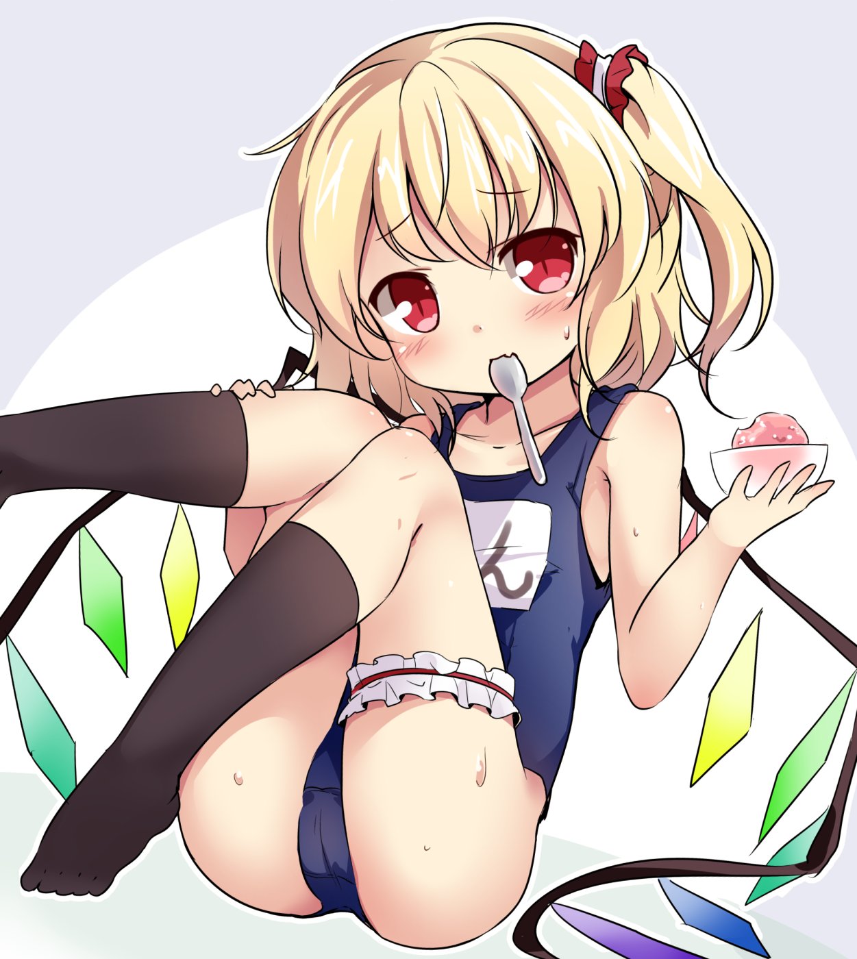 ass baku-p black_legwear blonde_hair blush bowl commentary_request crystal flandre_scarlet food highres holding ice_cream kneehighs knees_to_chest knees_up leaning_back legs_up mouth_hold one-piece_swimsuit red_eyes school_swimsuit scrunchie short_hair side_ponytail sitting solo spoon swimsuit thigh_strap touhou wings