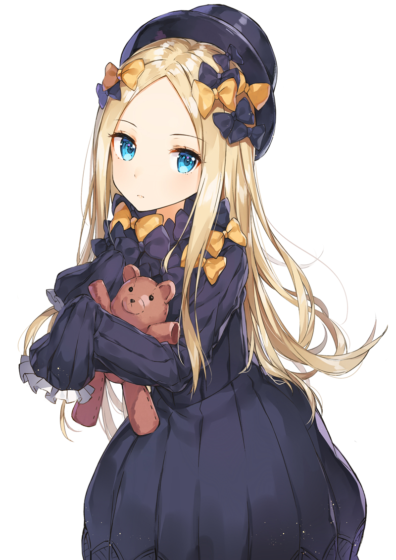 abigail_williams_(fate/grand_order) bangs black_bow black_dress black_hat blonde_hair blue_eyes blush bow bug butterfly closed_mouth dress eyebrows_visible_through_hair fate/grand_order fate_(series) forehead hair_bow hat insect long_hair long_sleeves looking_at_viewer md5_mismatch object_hug orange_bow parted_bangs polka_dot polka_dot_bow rikoma simple_background sleeves_past_fingers sleeves_past_wrists solo stuffed_animal stuffed_toy teddy_bear very_long_hair white_background