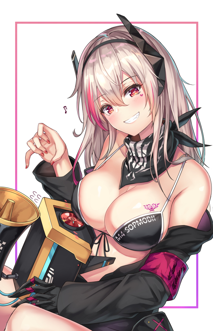 alternate_costume armband bandana bare_shoulders bikini_top black_bikini_top black_coat breast_tattoo breasts cenangam cleavage clothes_writing collarbone commentary dinergate_(girls_frontline) eyebrows_visible_through_hair fang flying_sweatdrops front-tie_bikini front-tie_top girls_frontline grin hair_ornament head_tilt heart heart-shaped_pupils heart_tattoo large_breasts long_hair long_sleeves looking_at_viewer m4_sopmod_ii_(girls_frontline) multicolored_hair musical_note nail_polish off_shoulder parted_lips pink_hair red_eyes red_nails ro635_(dinergate) shiny shiny_hair silver_hair simple_background smile solo spoilers streaked_hair swimsuit symbol-shaped_pupils tattoo two-tone_hair