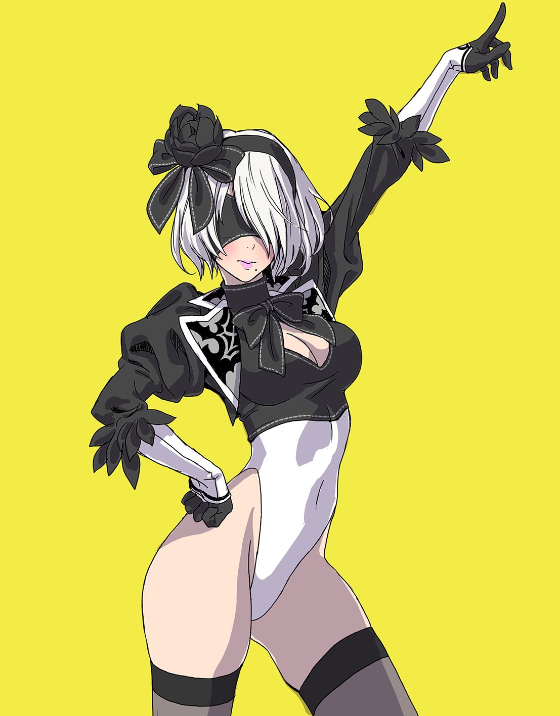 alternate_costume arm_up bangs black_flower black_legwear black_rose blindfold bow bowtie breasts cleavage cleavage_cutout commentary_request cropped_jacket dancing feather_trim flower gloves hair_bow hairband hand_on_hip highleg highleg_leotard highres leotard lips long_sleeves medium_breasts mole mole_under_mouth nier_(series) nier_automata pointing pointing_up puffy_sleeves rose saturday_night_fever short_hair simple_background solo thighs white_hair yamashita_shun'ya yellow_background yorha_no._2_type_b