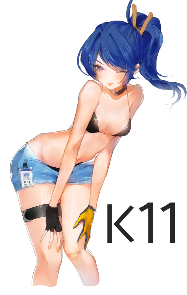:p bandaid bandaid_on_knee bangs bikini black_bikini blue_hair blue_shorts blush breasts character_name clothes_pin collarbone commentary eyebrows_visible_through_hair girls_frontline groin hair_between_eyes hands_on_own_thighs head_tilt k11_(girls_frontline) leaning_forward leather_choker long_hair medium_breasts messy_hair name_tag one_eye_closed peanutc purple_eyes short_shorts shorts side_ponytail sidelocks simple_background smile solo stomach swimsuit thigh_strap thighs tongue tongue_out unbuttoned_pants white_background