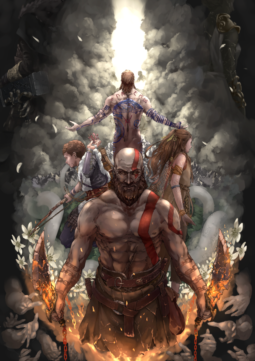 4boys abs arm_tattoo arrow athena_(god_of_war) atreus back back_tattoo bald baldur_(god_of_war) beard belt bodypaint bow_(weapon) brown_hair chain chest closed_mouth dress dual_wielding facial_hair facial_tattoo facing_away father_and_son fire flower freya_(god_of_war) glowing god_of_war hammer hands highres holding holding_weapon kratos long_hair long_sleeves looking_afar looking_at_viewer medium_hair mother_and_son multiple_boys multiple_girls muscle nagi_(xx001122) nipples nude scar shirt shirtless short_hair smoke sparks spoilers tattoo thor_(god_of_war) weapon white_flower