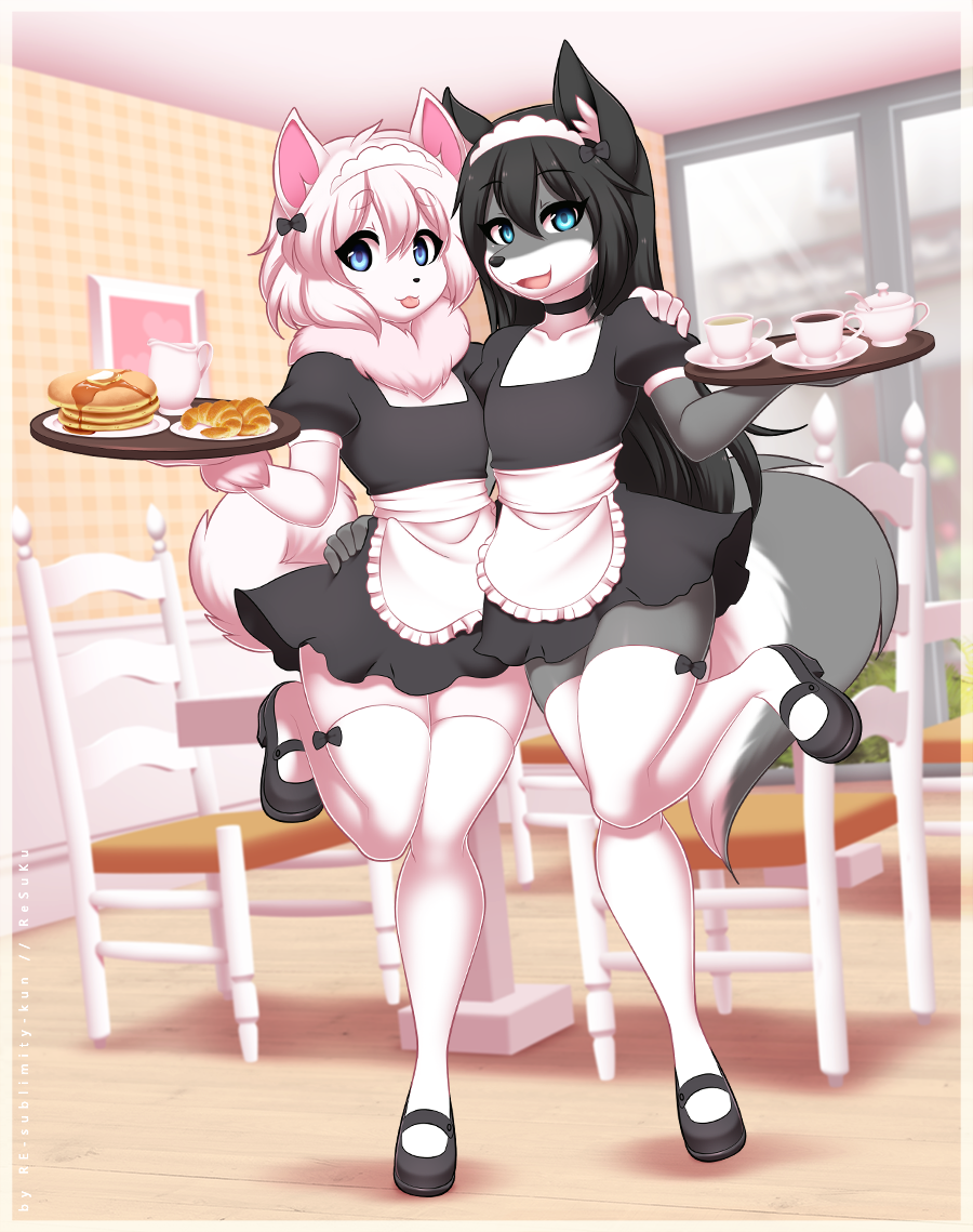 anthro beverage blue_eyes bread butter cafe canine chair clothed clothing coffee croissant cup cute dog duo felix_heartstone female flat_chested fluffy food fur girly hair holding_object legwear long_hair looking_at_viewer maid_uniform mammal one_leg_up open_mouth pancake plate pomeranian pomeraninu re-sublimity-kun standing stockings sugar syrup table tea uniform white_fur wolf