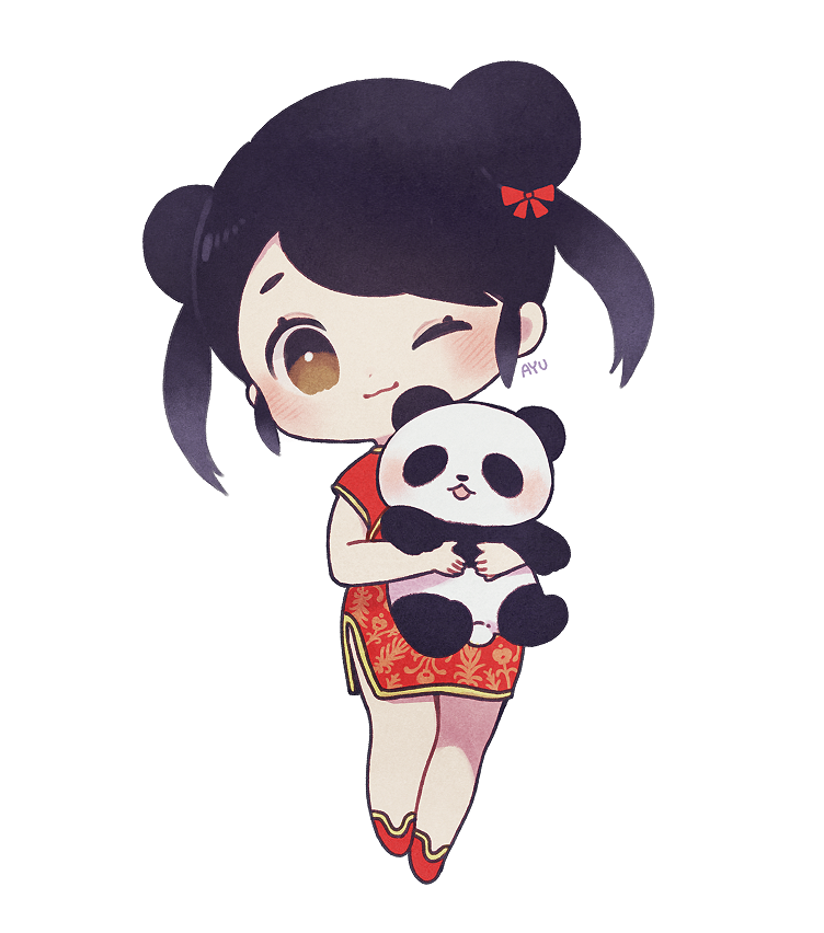 :3 ayu_(mog) bare_shoulders black_background black_hair bow brown_eyes chibi china_dress chinese_clothes closed_mouth double_bun dress full_body hair_bow holding one_eye_closed original panda red_bow red_dress red_footwear shoes short_sleeves signature simple_background smile solo twintails white_background