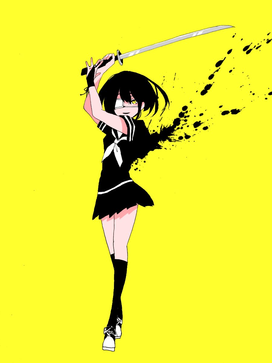 bangs black_hair black_legwear black_shirt black_skirt blood blood_splatter commentary_request crossed_legs eguchi_saan flat_color full_body hair_between_eyes hands_above_head highres holding holding_sword holding_weapon kneehighs looking_to_the_side neckerchief original pleated_skirt shirt shoes short_hair short_sleeves simple_background skirt sneakers solo standing sword weapon white_eyepatch white_neckwear yellow_background yellow_eyes