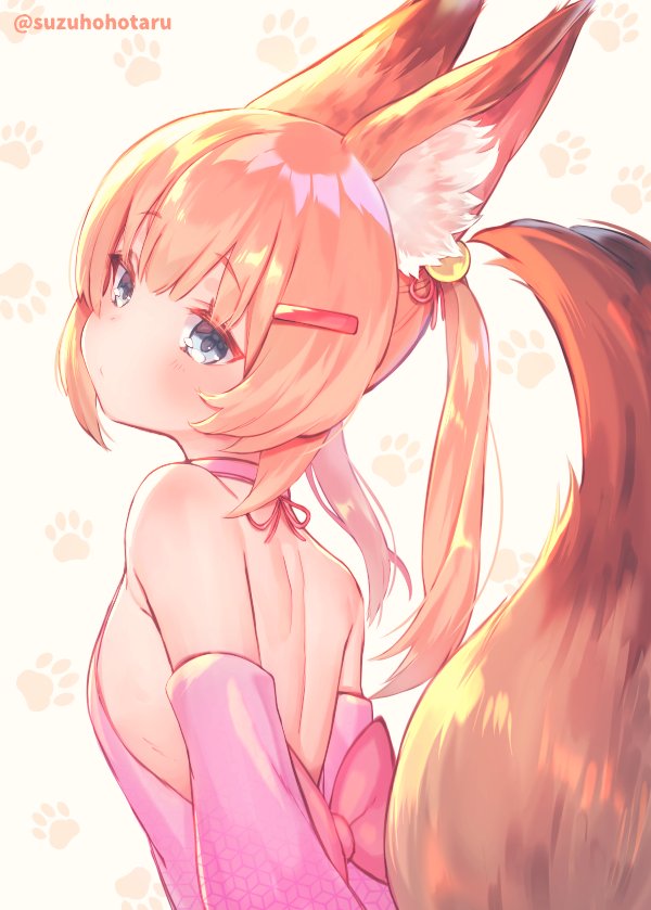 animal_ears bare_back bare_shoulders bell blonde_hair blue_eyes commentary_request detached_sleeves fox_ears fox_tail from_behind hair_ornament hairclip jingle_bell kemomimi_oukoku_kokuei_housou long_hair looking_back mikoko_(kemomimi_oukoku_kokuei_housou) pink_shirt shirt solo suzuho_hotaru tail twintails upper_body