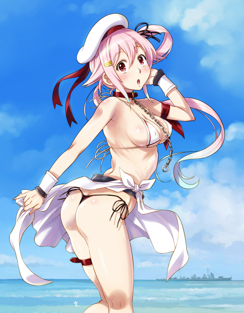 ass beret bikini blue_sky blush breasts chain cloud collar commentary_request covered_nipples day destroyer hair_ornament hair_ribbon hairclip harusame_(kantai_collection) hat kantai_collection long_hair looking_at_viewer medium_breasts micro_bikini military military_vehicle ocean open_mouth pink_hair red_eyes ribbon sailor_hat sameha_ikuya sarong ship side_ponytail skindentation sky solo swimsuit thigh_strap twisted_torso warship watercraft