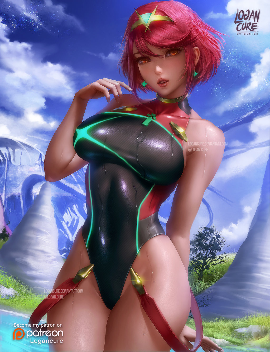 bangs black_swimsuit breasts covered_navel earrings highres homura_(xenoblade_2) jewelry large_breasts leotard logan_cure looking_at_viewer one-piece_swimsuit red_eyes red_hair short_hair smile solo summer swept_bangs swimsuit tiara water wet wet_clothes xenoblade_(series) xenoblade_2