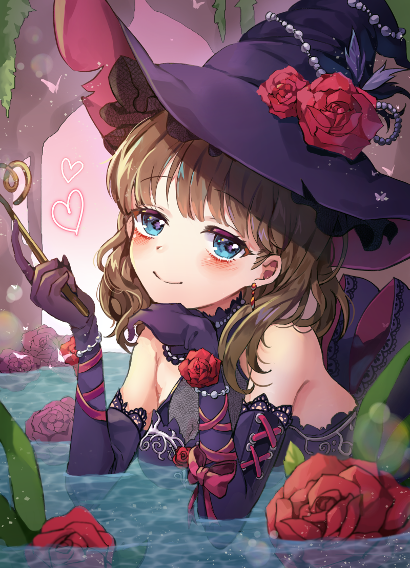 blush_stickers brown_hair bug butterfly earrings elbow_gloves flower gloves hair_between_eyes hat heart idolmaster idolmaster_cinderella_girls insect jewelry lerome lying on_stomach ribbon rose sakuma_mayu short_hair smile stick water witch_hat